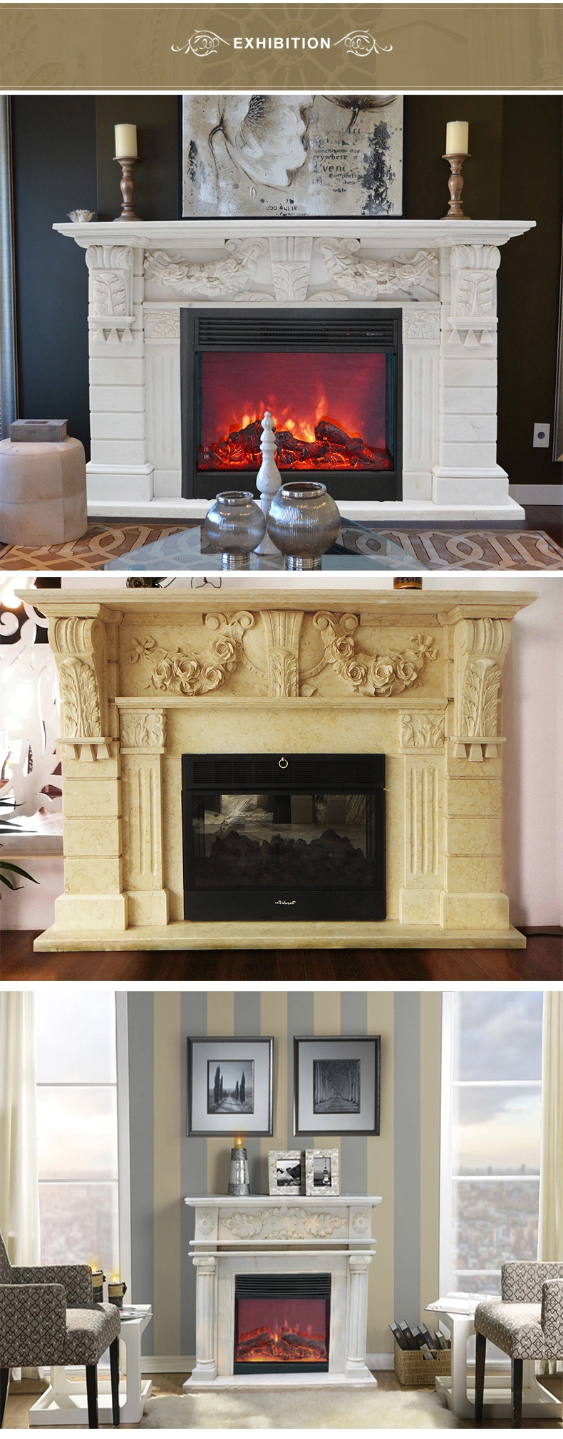 Cheap Natural White Beige Stone Marble Mantel Surround Sculpture Carving Electric Fireplace for Home&Hotel Decoration